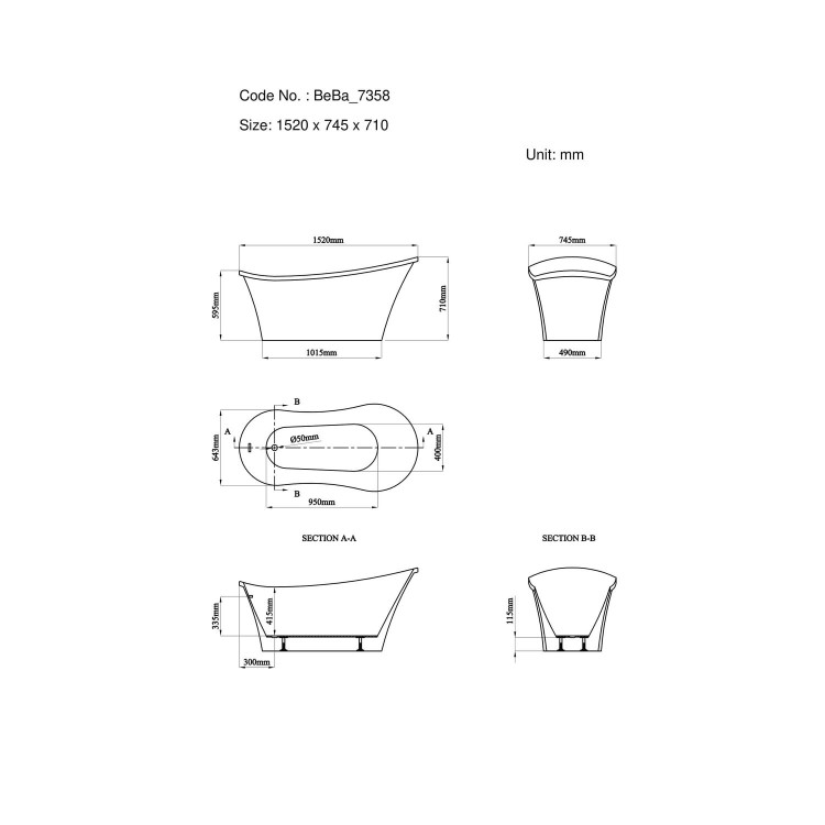 Freestanding Single Ended Slipper Bath 1520 x 745mm - Torrelino