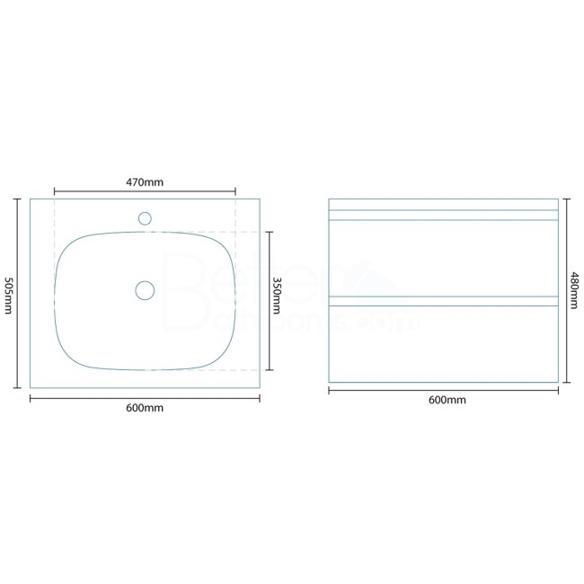 600mm Wall Hung Vanity Basin Unit - White Double Drawer - Barcelona Range