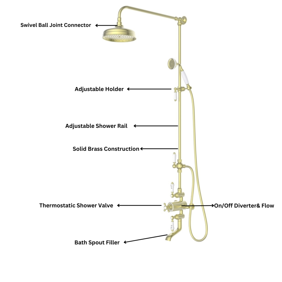 Brushed Brass Traditional Thermostatic Mixer Shower Set with Bath Filler Spout - Slide Rail Kit & Hand Shower - Camden