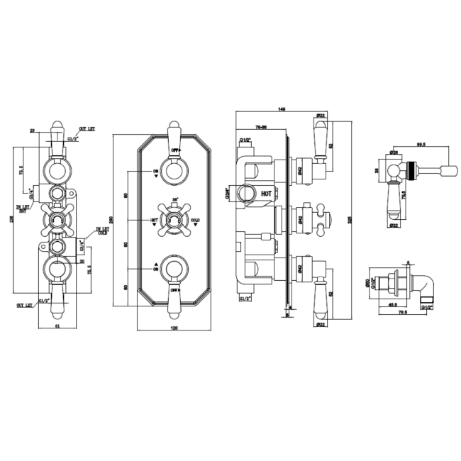 Brushed Brass Dual Outlet Wall Mounted Thermostatic Mixer Shower Set with Hand Shower - Cambridge