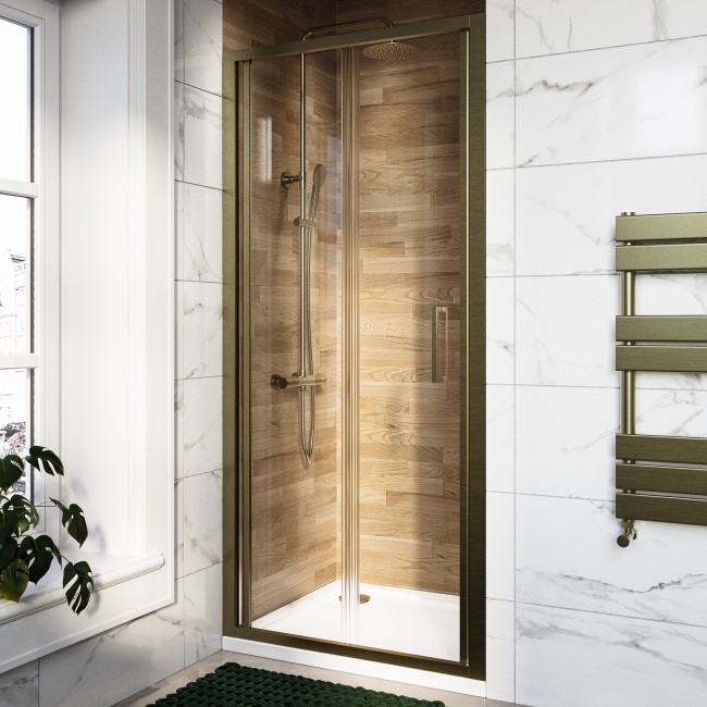 800mm Brushed Brass Sliding Shower Door 6mm Glass - Carina