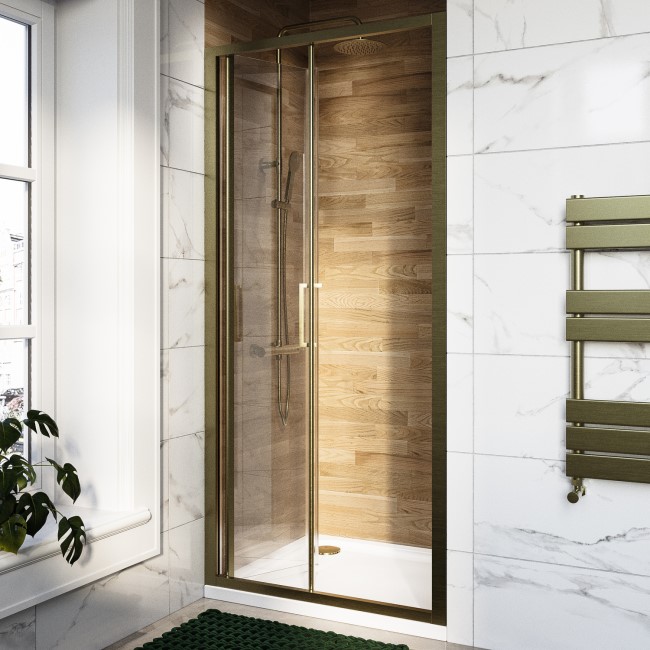 800mm Brushed Brass Sliding Shower Door 6mm Glass - Carina