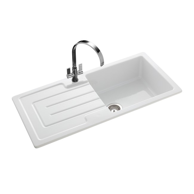 Single Bowl Inset White Ceramic Kitchen Sink with Reversible Drainer - Rangemaster Austell