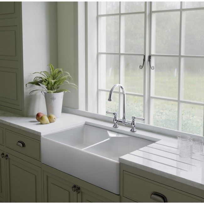 GRADE A1 - Rangemaster Belfast Double Bowl White Ceramic Kitchen Sink