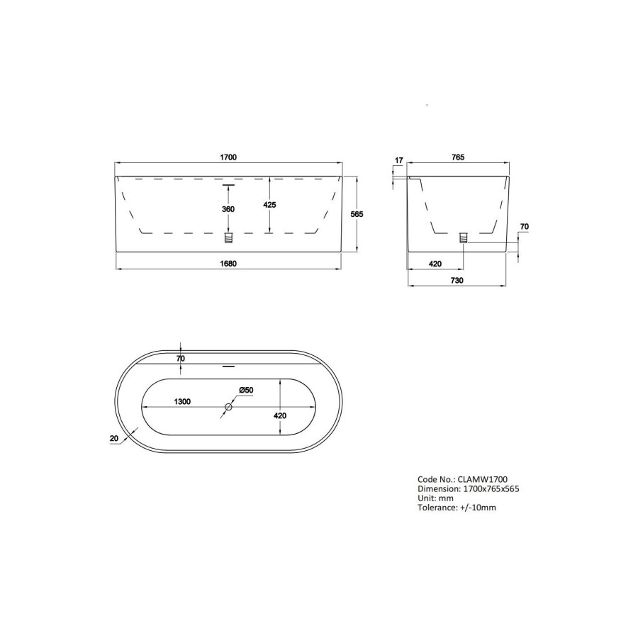 Freestanding Double Ended Matt White 1700 x 765mm Bath with Ledge - Clara