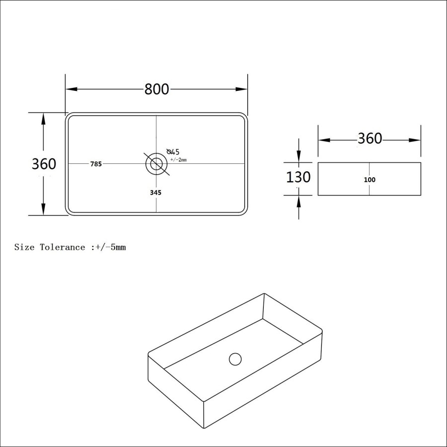 GRADE A2 - White Rectangular Countertop Basin 800mm - Corey