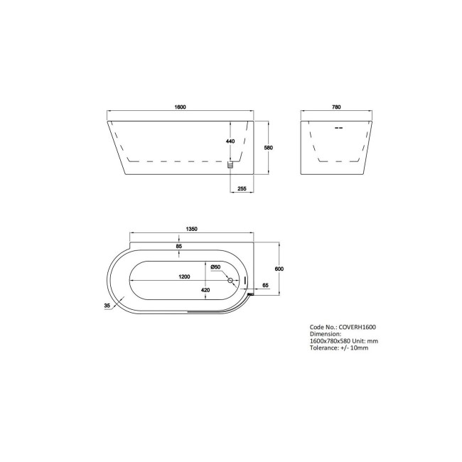 GRADE A1 - Freestanding Single Ended Right Hand Corner Bath 1600 x 780mm - Cove