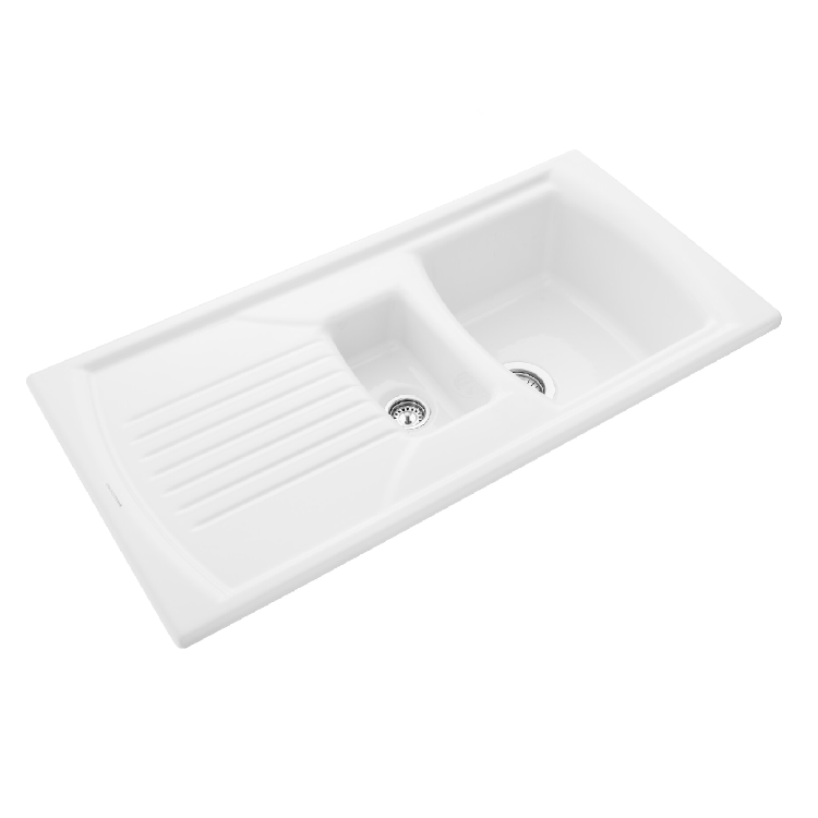 Rangemaster Tenby 1.5 Bowl Inset White Ceramic Kitchen Sink with Reversible Drainer