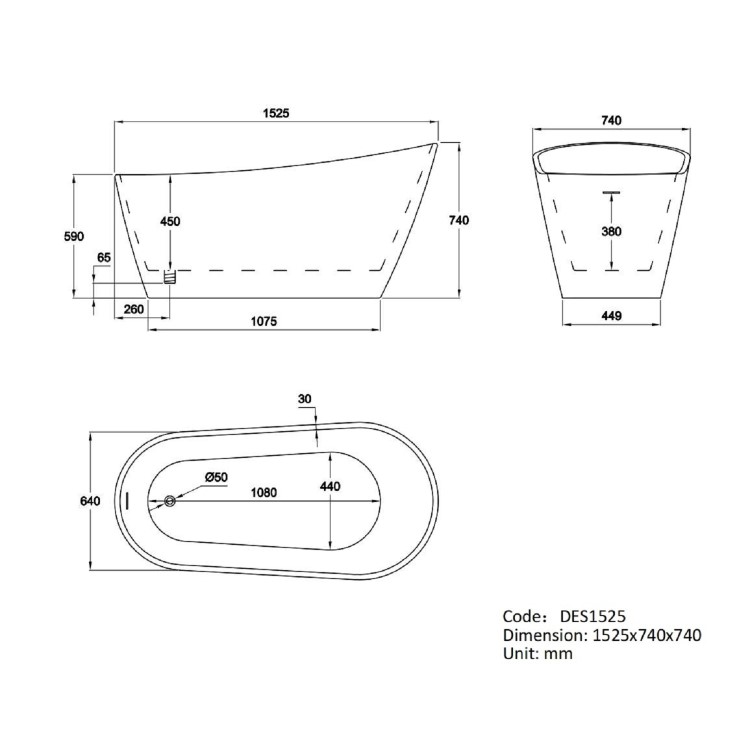 Freestanding Single Ended Slipper Bath 1525 x 740mm - Design