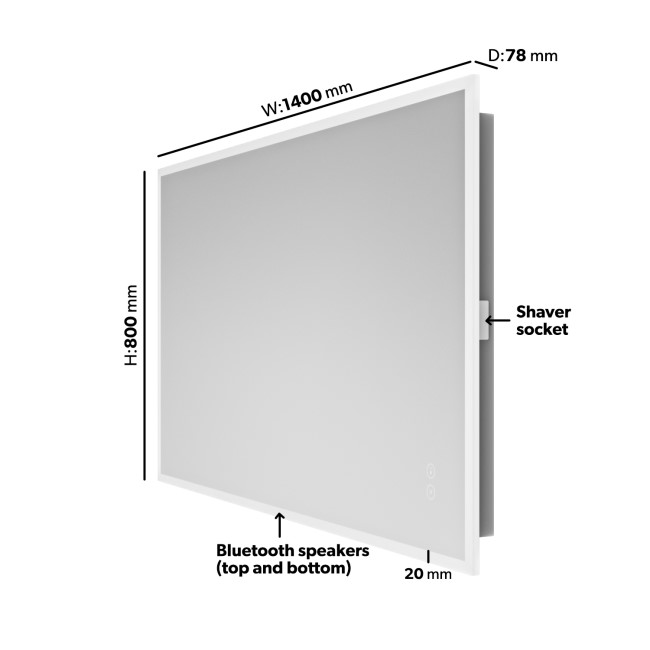 Rectangular Heated Bathroom Mirror with Lights Shaver Socket & Bluetooth Speaker 1400 x 800mm - Divine