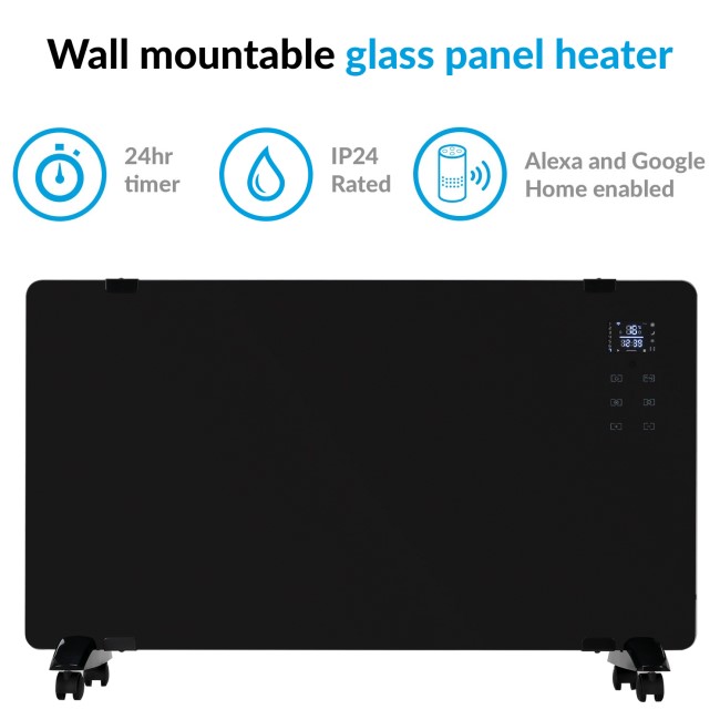 electriQ 2000W Smart Designer Glass Panel Heater - Wall Mountable & Bathroom Safe - Black