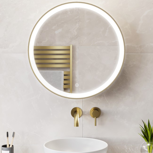 Brass Sliding Mirrored Bathroom Cabinet with Lights 600 x 600mm - Elara