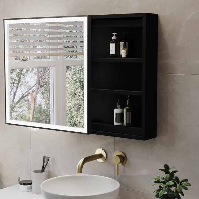 Elara Square Sliding LED Mirror Cab 600mm Matt Black