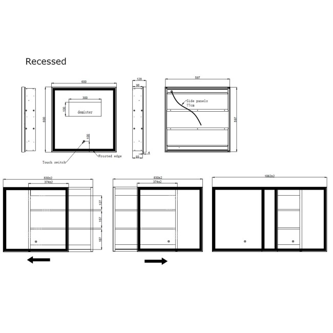 Elara Square Sliding LED Mirror Cab 600mm Matt Black