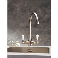 Reginox Brushed Nickel Twin Lever Swan Neck Traditional Kitchen Mixer Tap - Elbe