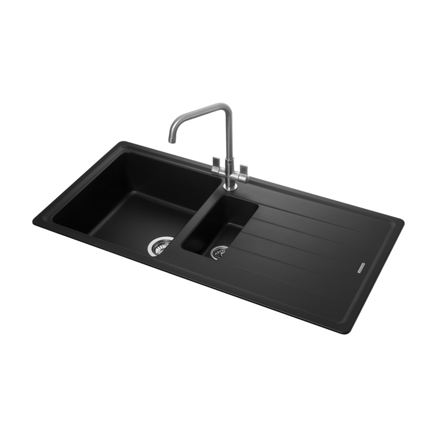 Rangemaster Elements 1.5 Bowl Inset Black Granite Kitchen Sink with Reversible Drainer