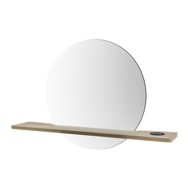 Round Backlit Heated Bathroom Mirror with Lights & Oak Shelf 500mm - Ersa