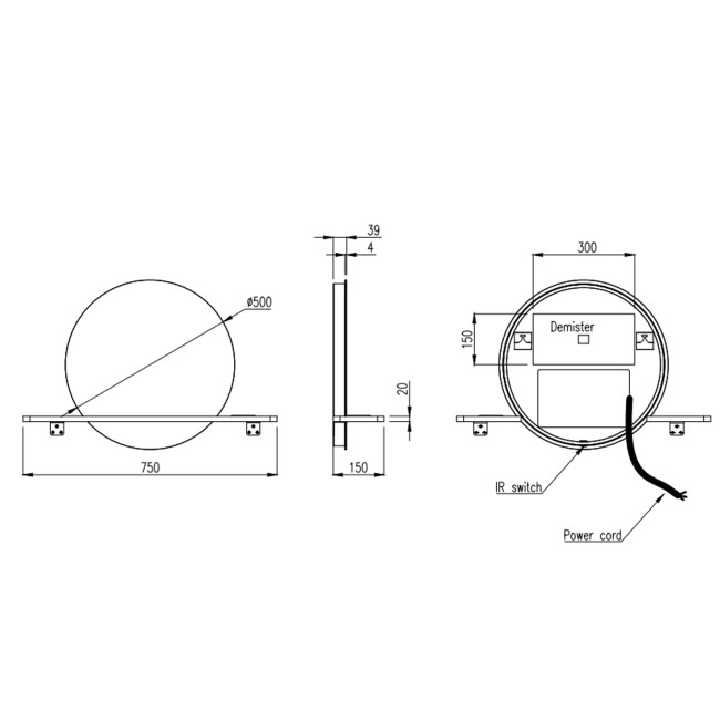 Round Backlit Heated Bathroom Mirror with Lights & Oak Shelf 500mm - Ersa