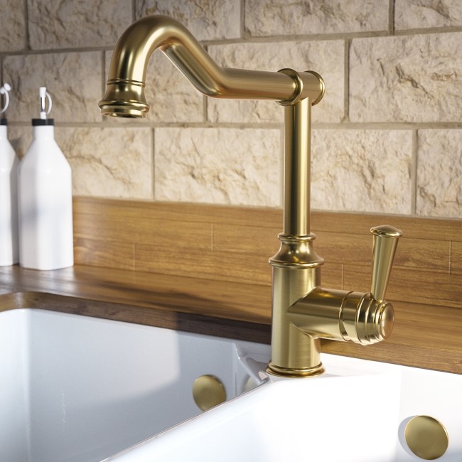 GRADE A1 - Traditional French Single Lever Brushed Brass Monobloc Kitchen Mixer Tap - Evelyn