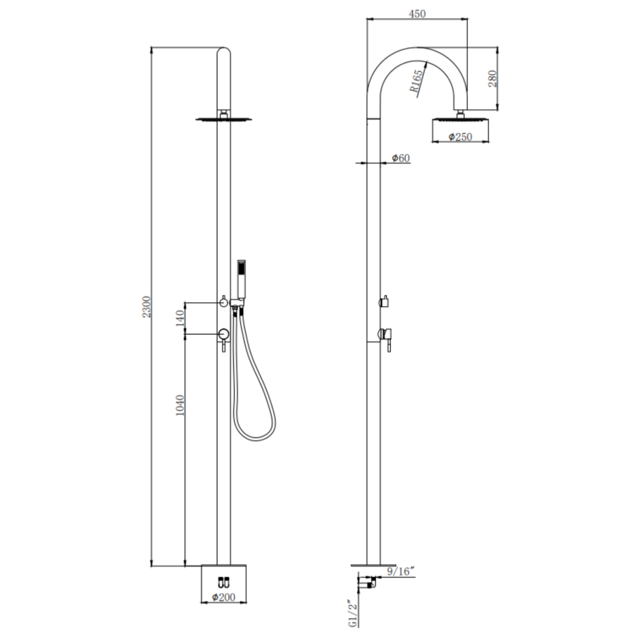 Black Thermostatic Outdoor Shower with Pencil Hand Shower 2 Outlets - Fiji