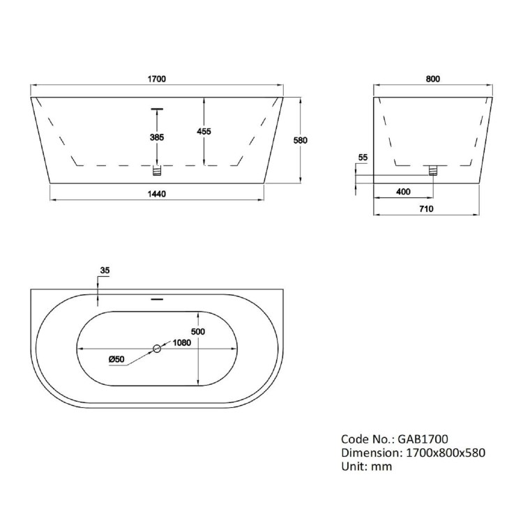 Freestanding Double Ended Back to Wall Bath 1700 x 800mm - Gable