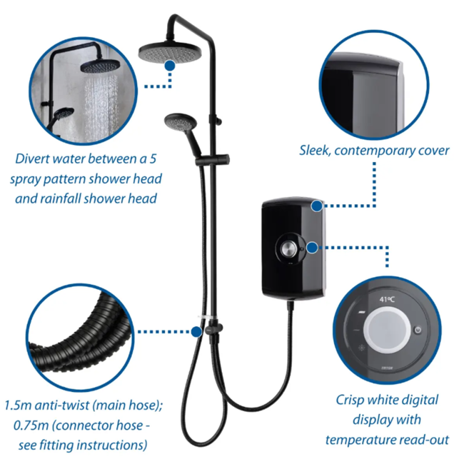 GRADE A1 - Triton Amore DuElec 9.5kW Black Electric Shower