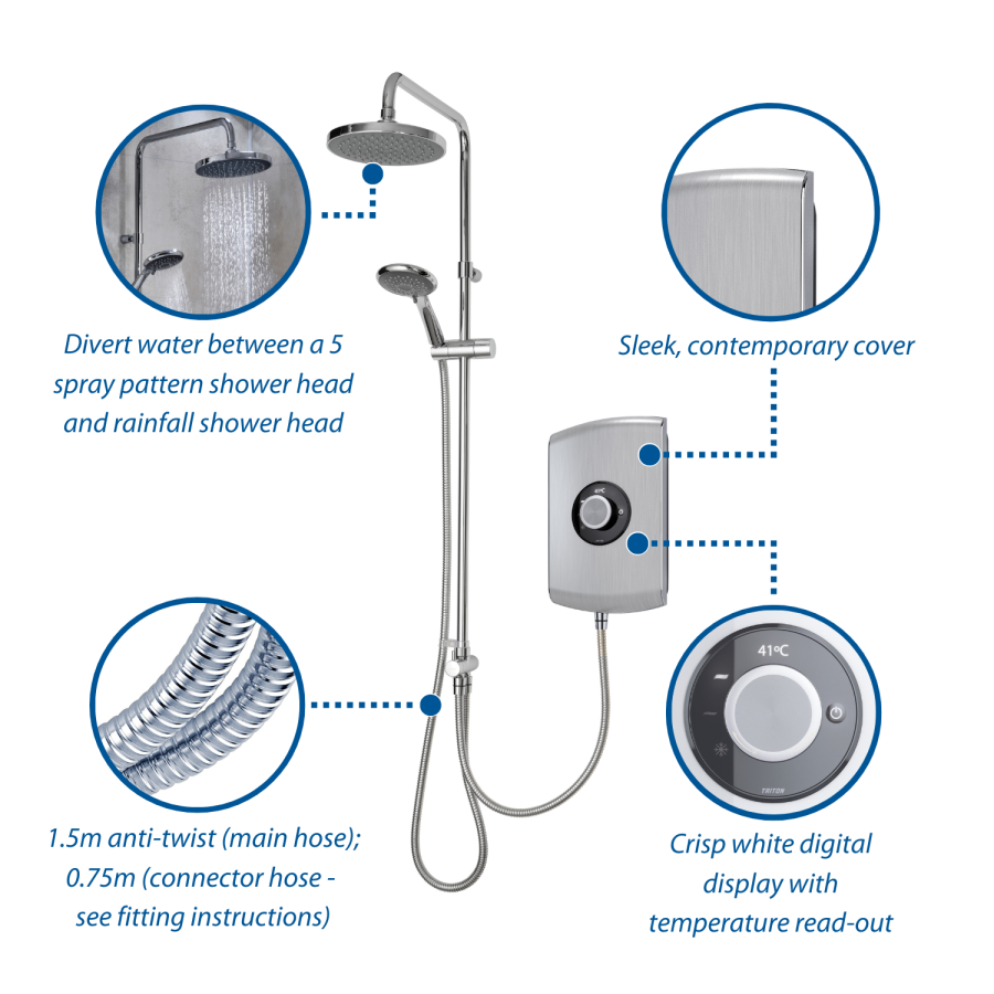 Triton Amore DuElec 9.5kW Brushed Steel Shower