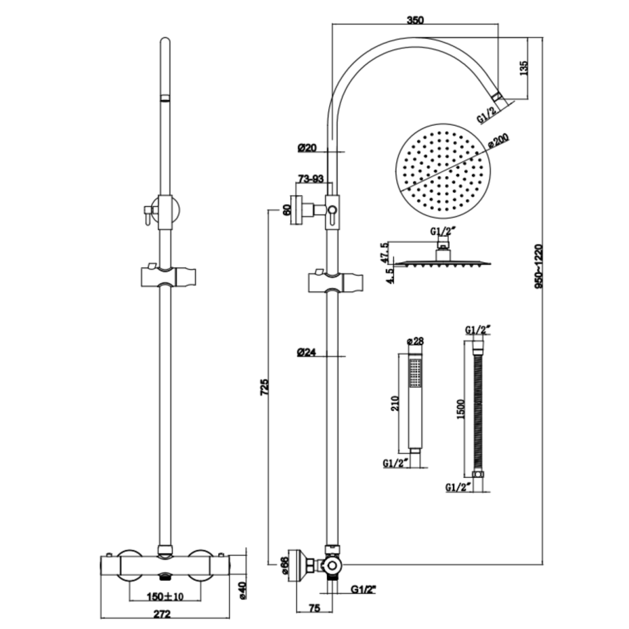 Brushed Brass Round Gooseneck Thermostatic Bar Shower Set with Hand Shower & Slide Rail Kit - Grace