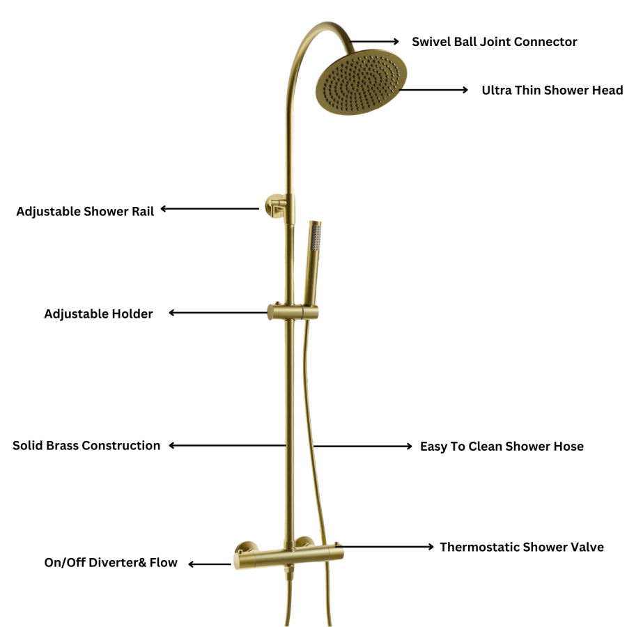 Brushed Brass Round Gooseneck Thermostatic Bar Shower Set with Hand Shower & Slide Rail Kit - Grace