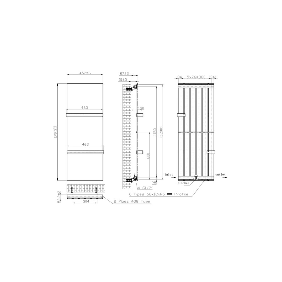 White Vertical Panel Radiator with Towel Bars 1220 x 452mm - Hesperia