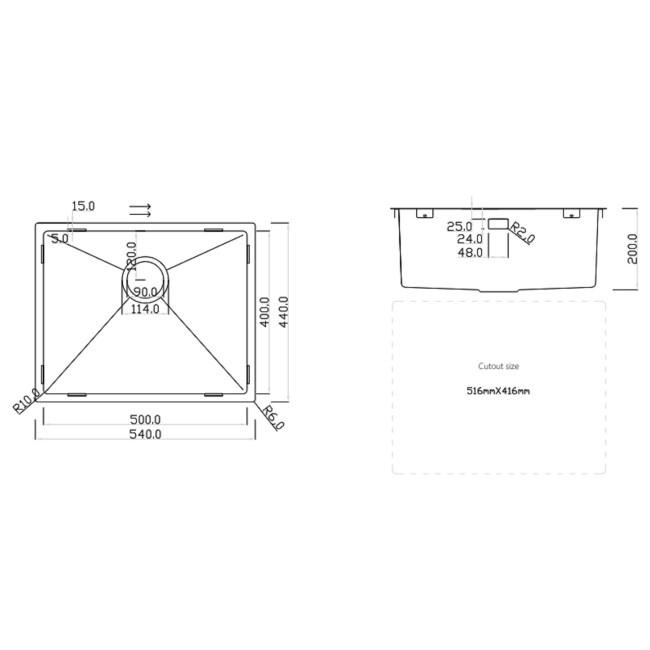 Rangemaster Kube Single Bowl Inset / Undermount Chrome Stainless Steel Kitchen Sink- 540mm x 440mm