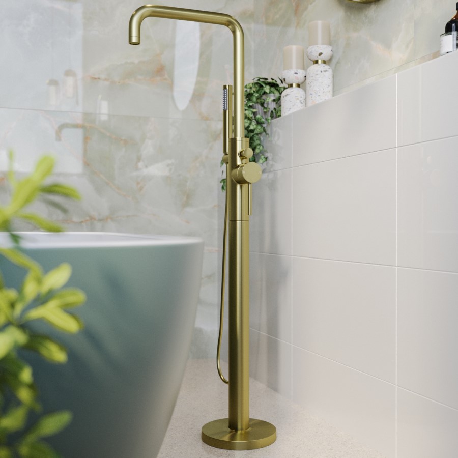 GRADE A1 - Brushed Brass Freestanding Bath Shower Mixer Tap - Lenton