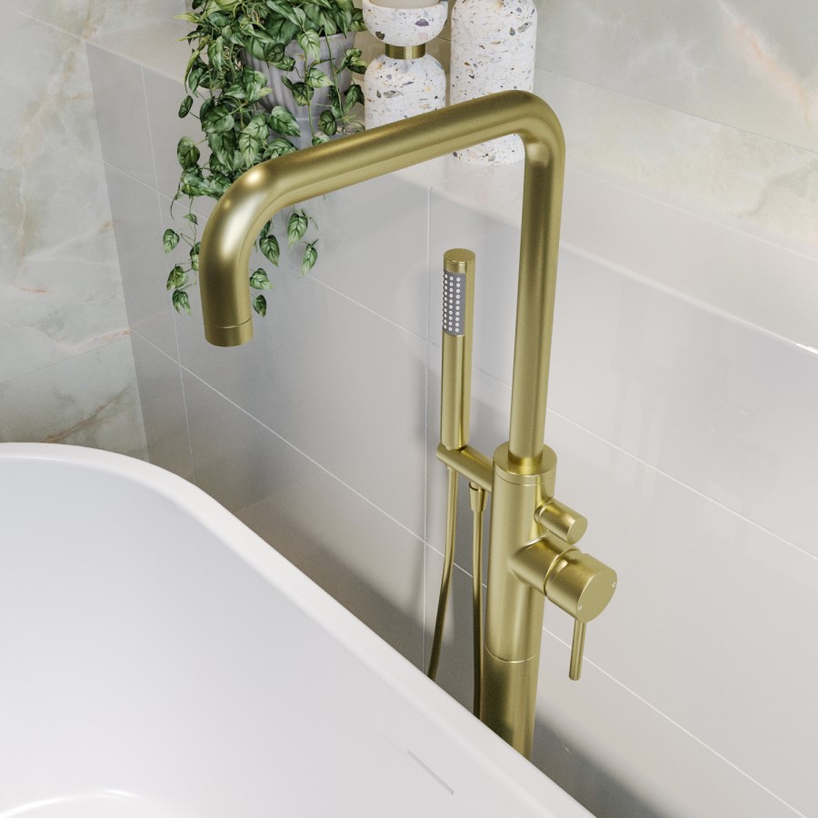 GRADE A1 - Brushed Brass Freestanding Bath Shower Mixer Tap - Lenton