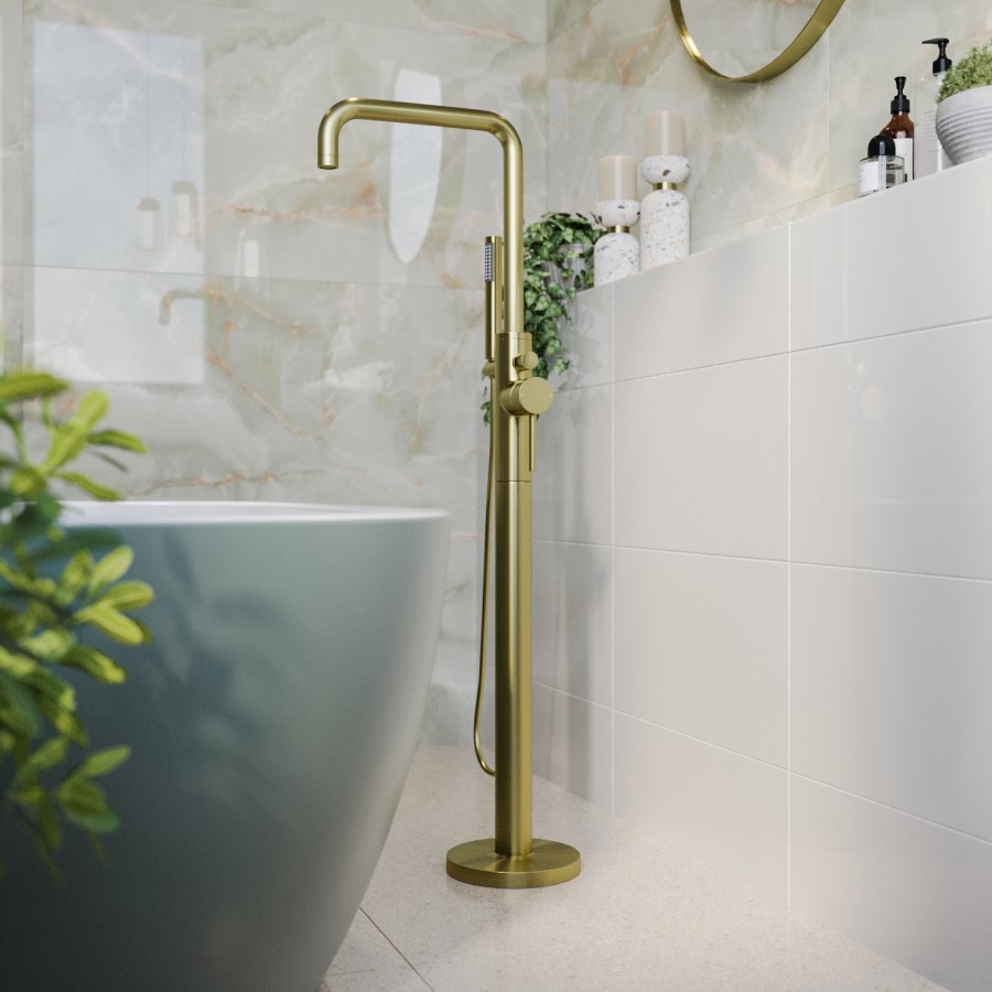 GRADE A1 - Brushed Brass Freestanding Bath Shower Mixer Tap - Lenton