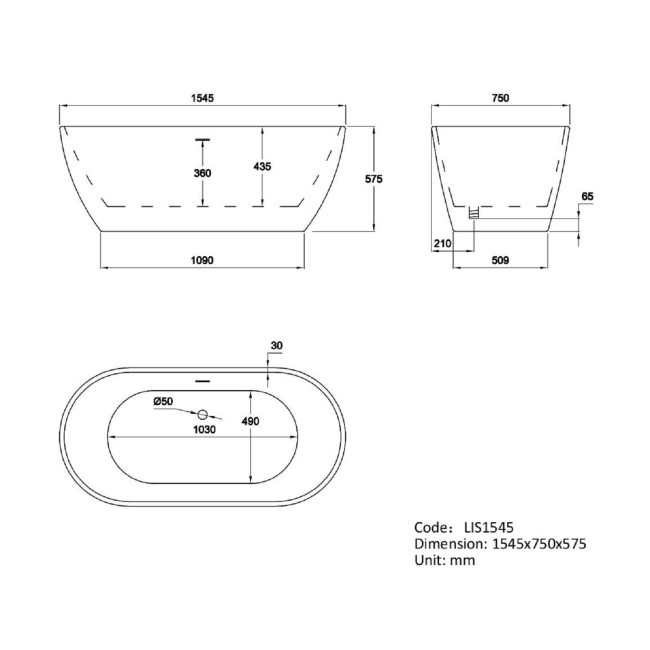 GRADE A1 - Freestanding Double Ended Bath 1545 x 750mm - Lisbon