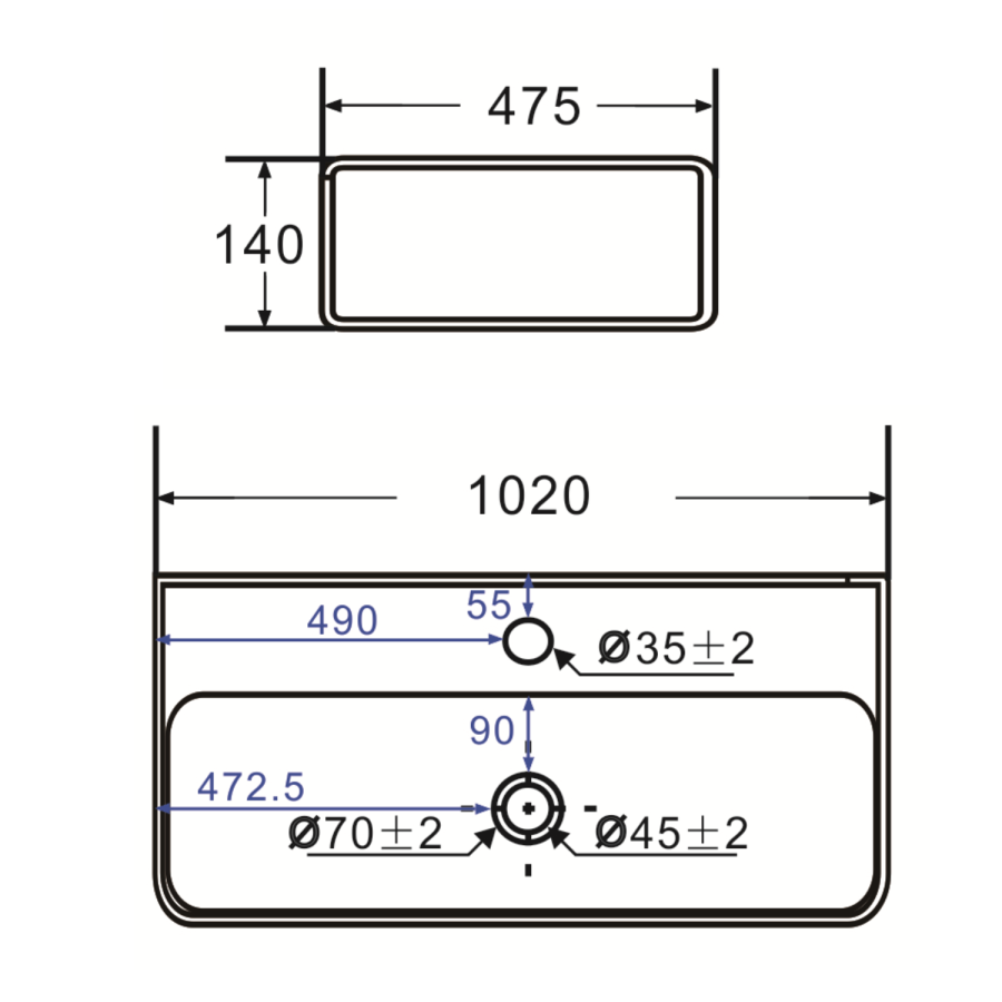 GRADE A1 - White Rectangular Wall Hung Basin 1020mm - Logan