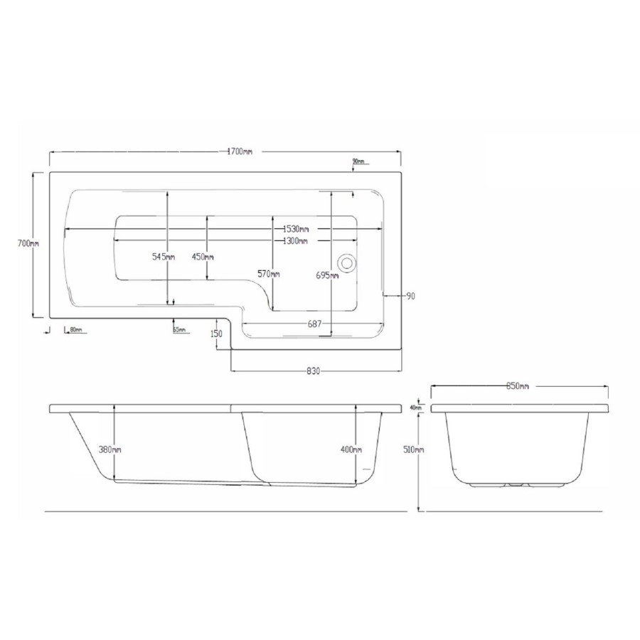 L Shape Whirlpool Spa Shower Bath Right Hand 1700 x 850mm - Lomax