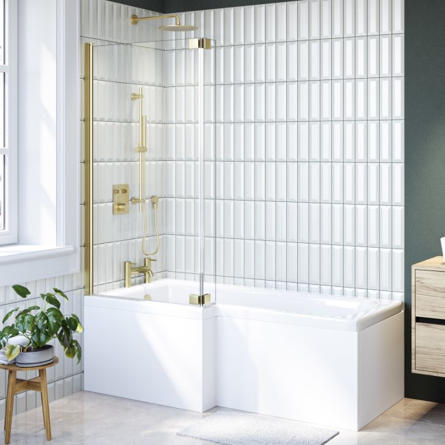 Brushed Brass Hinged L Shape Shower Bath Screen 1450 x 955mm - Maia