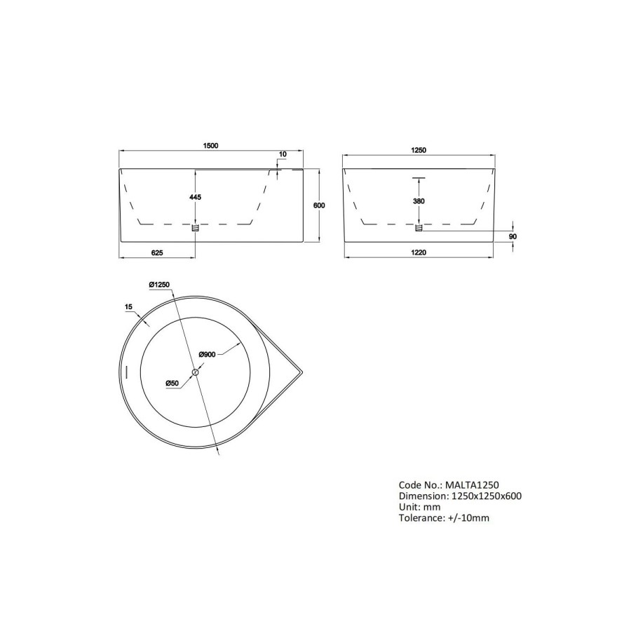 Freestanding Round Corner Bath 1250 x 1250mm - Malta