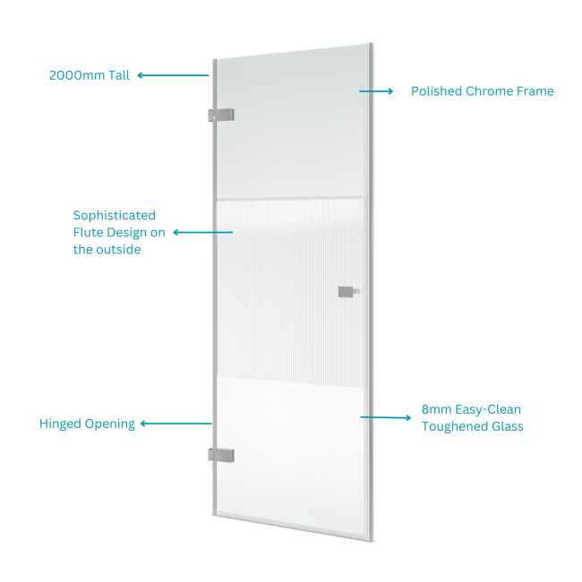 800mm Fluted Glass Right Hand Hinged Shower Door 8mm Glass - Matira