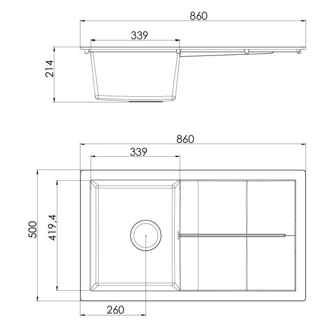 Single Bowl Black Composite Kitchen Sink with Reversible Drainer- Rocklite Milton 860x500mm