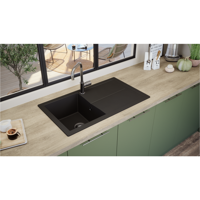 Single Bowl Black Composite Kitchen Sink with Reversible Drainer- Rocklite Milton 860x500mm