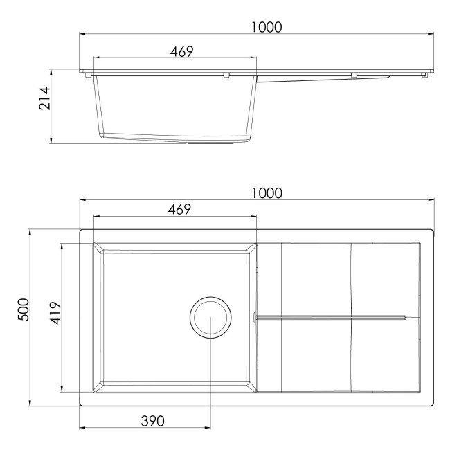 Single Bowl Black Composite Kitchen Sink with Reversible Drainer- Rocklite Milton 1000x500mm