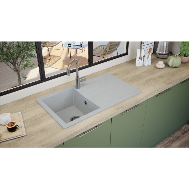 Single Bowl Grey Composite Kitchen Sink with Reversible Drainer- Rocklite Milton 860x500mm