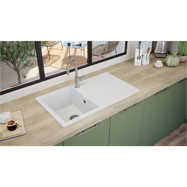 Single Bowl White Composite Kitchen Sink with Reversible Drainer- Rocklite Milton 860x500mm