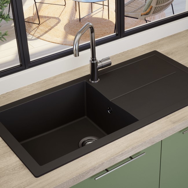 Single Bowl Black Composite Kitchen Sink with Reversible Drainer- Rocklite Milton 1000x500mm