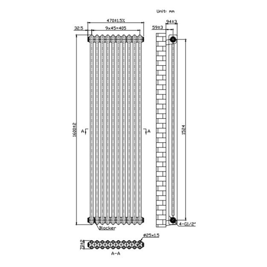 GRADE A1 - Anthracite Vertical 2 Column Traditional Radiator 1600 x 470mm - Nambi