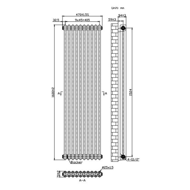 Black Vertical 2 Column Traditional Radiator 1600 x 470mm - Nambi