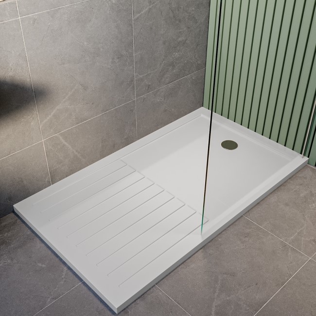 1400x900mm Walk-In Rectangular Shower Tray with Drying Area - White Stone Resin - Purity