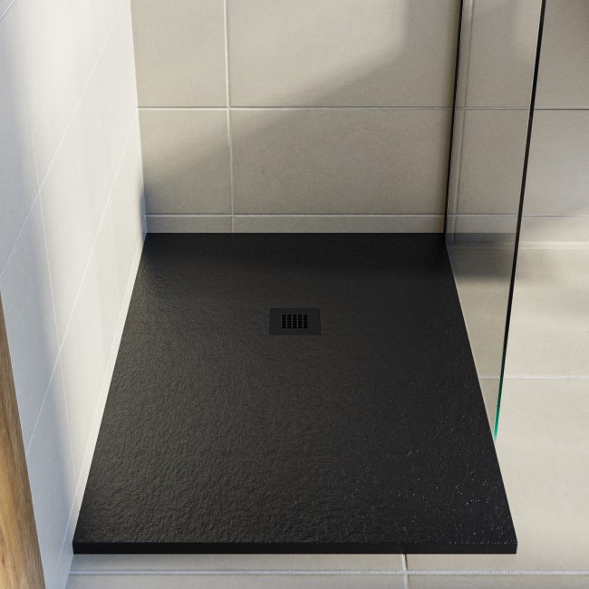 1400x900mm Rectangular Shower Tray with Grate - Black Stone Resin Slate Effect - Sileti